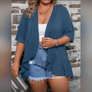 Emery Rose Plus Solid Open Front Ruffle Hem Kimono Teal Size 0XL